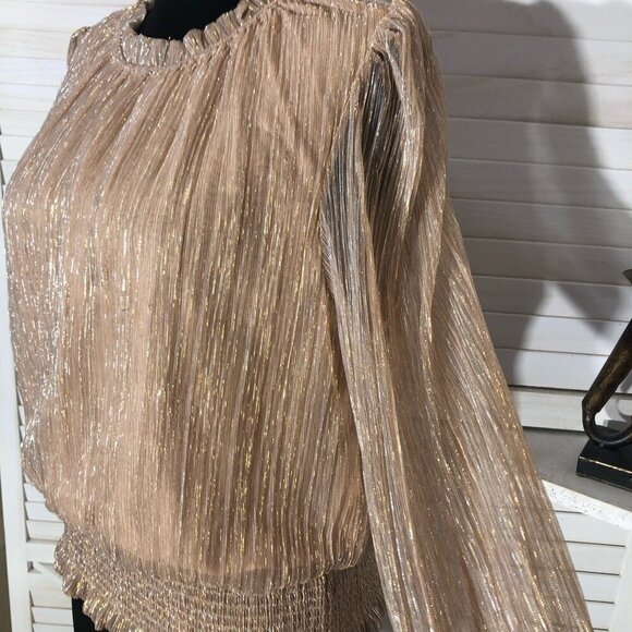 Joie Shimmer Blouse Smocked Waist Long Sleeve Chiffon Silver Gold Metallic Sz L - Picture 11 of 12